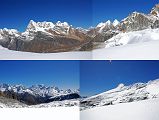 12 05 Kusum Kanguru, Peak 43 Kyashar, Kangtega, Malanphulan - Mera La View To West, To East - Mera Base Camp, Naulekh The view from Mera La (5415m) to the west includes Kusum Kanguru, Peak 43 Kyashar, Kangtega poking up above the ridge, and Malanphulan. The view to the east to the Hongu Valley has several 6000m peaks including Peak 6 Mount Tutse poking up above the ridge and to the southeast Naulekh.